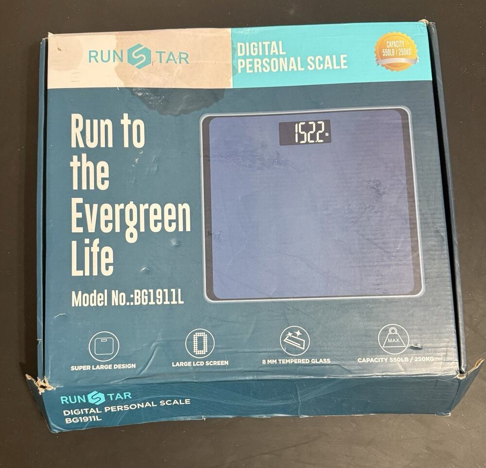 Runstar Digital Bathroom Scale 550 lb LCD Tempered Glass BG1911L Open Box